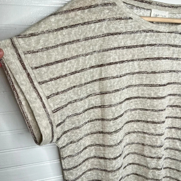 Caslon Women Beige Striped Short Sleeve Drawstring T-Shirt Size L Oatmeal - Picture 5 of 11
